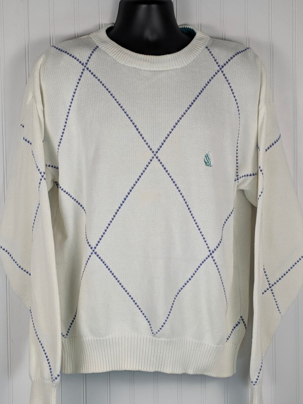 Nautica Men's Medium White Cotton Argyle Crew Neck Sweater - Preppy Vintage